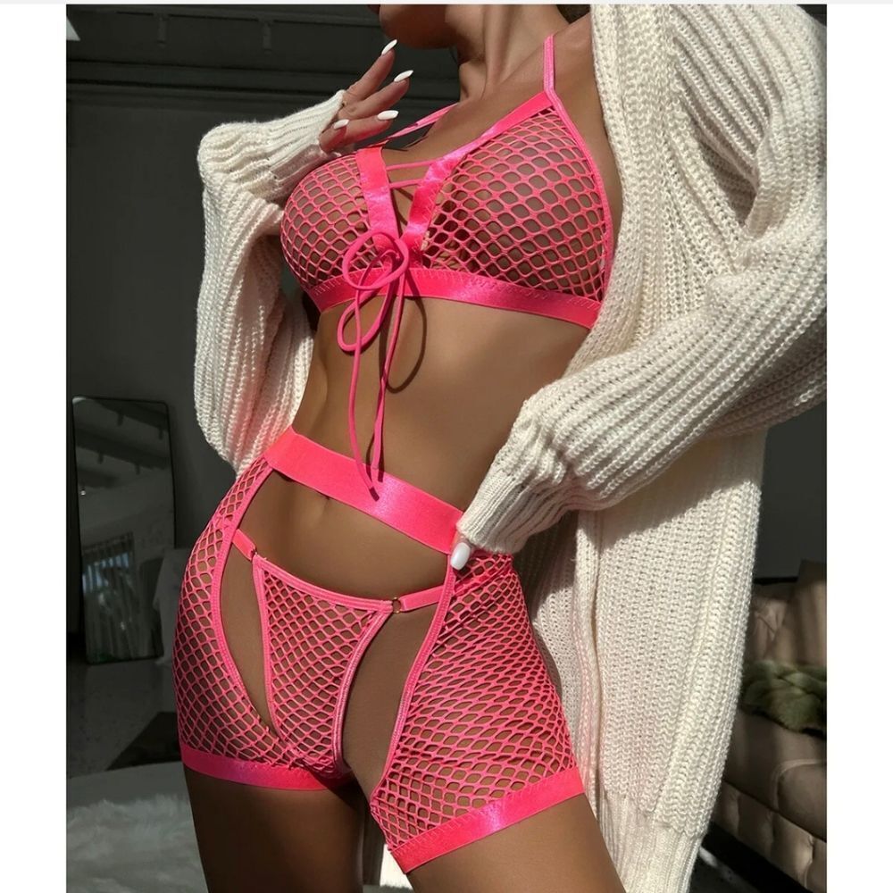 Exotic Womens Sexy Fishnet Mesh Lingerie Sets Bra and Panty Underwear Babydoll